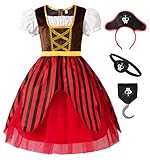 ReliBeauty Piratenkostüm Kinder Mädchen mit Piratenhut Augenklappe Tuch,130