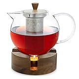 GLASWERK Teekanne mit Stövchen (1,3L) - Teekocher mit Teesieb und Stövchen aus Holz und...