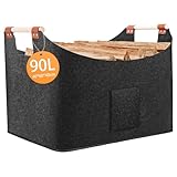 Faltbarer Holzkorb Filztasche 40 x 40 x 60 cm 96L, Korb Aus Brennholz Mit Griff,...