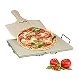 Relaxdays Pizzastein Set 1,5 cm Stärke mit Metallhalter und Pizzaschieber aus...
