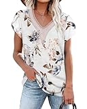 PLOKNRD Damen T-Shirt Elegant Spitze V-Ausschnitt Oberteile Blütenblatt Ärmel...