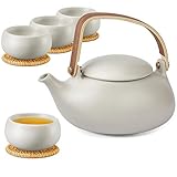 ZENS Teekanne mit Sieb, 800ml Holzgriff Matt Japanische Teeservice Keramik mit 4 Tassen...