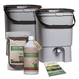 Bokashi Eimer Starterset - Japanisches Design - 2 Eimer (grau) + Bokashi Ferment + EM...