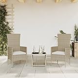Xichuzi 3-TLG. Garten-Essgruppe mit Kissen Beige Poly Rattan, Esstisch Mit Stühlen Set,...