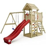 WICKEY Spielturm Klettergerüst MultiFlyer mit Holzdach, Schaukel & roter Rutsche, Outdoor...