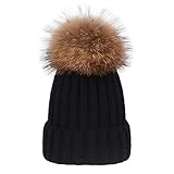 EXQULEG Warm Mütze, Echtfellbommel Pudelmütze,Winter-Mütze Bommelmütze Pelzbommel...