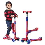 Roter und blauer 3-Rad-Scooter mit Sitz für Kinder - Leuchtende LED-Räder, verstellbarer...