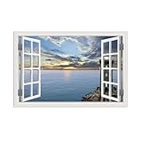 RXNHGJDS Leinwandbild Mit Rahmen Fensterblick Meer,Sonnenuntergang Leuchtturm Natur...