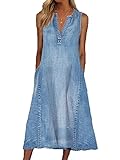 MANYMANY Damen Jeanskleid Blau V-Ausschnitt äRmellos Langes Jeanskleid Knielang