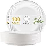 HEKU große Pappteller Ø 23cm, 100 Stück, weiß I 100% Kompostierbar I Robustes 220g/m²...