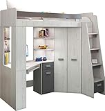 FurnitureByJDM Hochbett mit Schreibtisch, Schubladen, Regalen und Kleiderschrank...