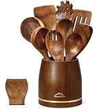WEEKSUN 10PC Holz Kochbesteck Set mit Halter, Pfannenwender, Schaumlöffel, Suppenkellen,...