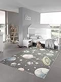 Teppich-Traum Kinderteppich Weltraum Lernteppich mit Sternen und Planeten in Pastell grau...