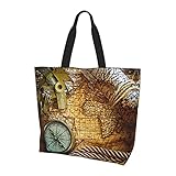 Kompass und alte Weltkarte, bedruckte Schultertasche, Tragetasche, Strandtasche,...