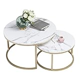 Marmor Couchtisch Gold, Couchtisch 2er Set mit 1 Großer Couchtisch Rund und 1 Kleiner...