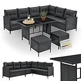 Juskys Polyrattan Lounge Manacor mit Ecksofa, Esstisch, 2 Hocker & Kissen -...