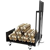 Outsunny Kaminholzregal Feuerholzregal mit Rädern, Schaufel, Besen, 48 x 30 x 76 cm...
