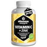 Vitamin C hochdosiert 1000 mg + Zink, vegan & optimal bioverfügbar, 180 Tabletten für 6...