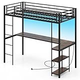 LIFEZEAL Hochbett 90 x 200 cm, Etagenbett mit Schreibtisch & 3 Regalen, Ladestation,...
