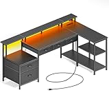 Rolanstar Schreibtisch L Form mit Schubladen, reversibler Gaming Tisch mit Steckdose, LED...