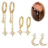 IKOPFLN Ohrringe Set 3 Paar 14K Vergoldet Ohrstecker Set Mond Und Die Sterne...