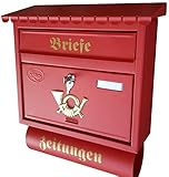 Großer Briefkasten/Postkasten XXL Rot matt mit Zeitungsrolle Flachdach...