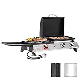 Grills House 3-Brenner Tragbare Propangas-Grillplatte mit Seitenbrenner, 3-in-1-Grill und...