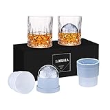 Whisky Gläser, 4er Set (2 Kristallgläser, 2 große Eiskugelformen) in Geschenkbox –...