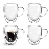 Topsky 4X 350ml Doppelwandige Schneeflocken-Kaffeegläser aus Borosilikatglas mit Griff -...