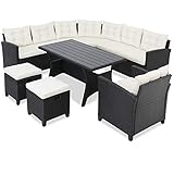 Casaria Polyrattan Ecklounge WPC Esstisch Eckbank 2 Hocker 1 Sessel 15cm Kissen 7cm...