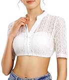 AMZHOTER Dirndl Bluse Damen Dirndlbluse Spitze Trachtenbluse Kurzarm Weiß Bluse...