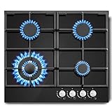 SNDOAS Gaskochfeld 4 Flammig, 58cm Glas Gasherd mit Automatischer Flammenschutz, Erdgas...