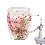 Doppelschichtige Glastasse mit echten Blumen – Kaffeeglas mit Sternmilch, 350 ml, 350...