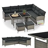 Juskys Polyrattan Lounge Manacor mit Ecksofa, Esstisch, 2 Hocker & Kissen - wetterfest bis...
