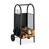 Relaxdays Kaminholzwagen mit Besteck, Brennholzkarre Stahl, Kaminbesteck 3-teilig,...