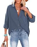 NONSAR Bluse Damen Lässiges Hemd mit V-Ausschnitt 100% Baumwolle Lockere Passform Solide...