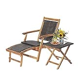 GOPLUS Deckchair mit Beistelltisch, Gartenstuhl aus Akazien Holz & Polyratten,...