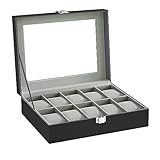 SONGMICS Uhrenbox mit 10 Fächern, Uhrenkasten mit Glasdeckel, Uhrenkoffer mit...
