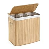 Mondeer Wäschekorb mit Deckel, Wäschesammler aus Bambus, 3 Fächern, 150L, Wäschebox...