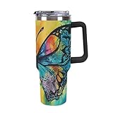 Trinkbecher mit Griff und Strohhalm, Reise-Kaffeetasse, Schmetterling, Batikdruck,...