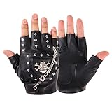 Newwyt Half Finger Punk Rivets PU-Lederhandschuhe Schwarz Biker-Handschuhe mit Metallkette...