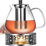 Teekanne Glas 1500ml mit Siebeinsatz - Glaskanne Tee mit Kerzenwärmer -Teekannen-Griffe...