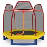 GYMAX Kinder Trampolin Ø223 cm, Fitness-Trampolin mit Sicherheitsnetz & Sprungbrett,...