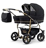 Zwillingswagen. 2 x Buggy, 2 x Babywanne, 2 x Babyschale. Schwarz