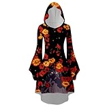 Halloween Kleid Damen Mit Kapuze Flared Langarm Hexen Vampir Kostüm Partykleid...