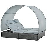 Outsunny Poly Rattan Doppelliege Sonnenliege für 2 Personen mit Sonnendach Gartenliege...