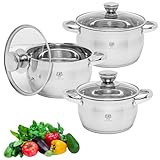Topfset Induktion 3-teilig, Kochtopf Set mit Glasdeckel, Edelstahl mattiert, Induktions...