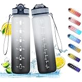 NAVTUE Trinkflasche, 1l Wasserflasche mit Strohhalm, BPA-frei, Zeitmarkierungen,...