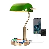 FIRVRE Grün Glas Bankers Schreibtischlampe Klassische Tischlampe mit drahtloser Aufladung...