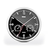 Mebus Quarz-Wanduhr mit Thermometer und Hygrometer/silberner Rahmen/schwarzes...